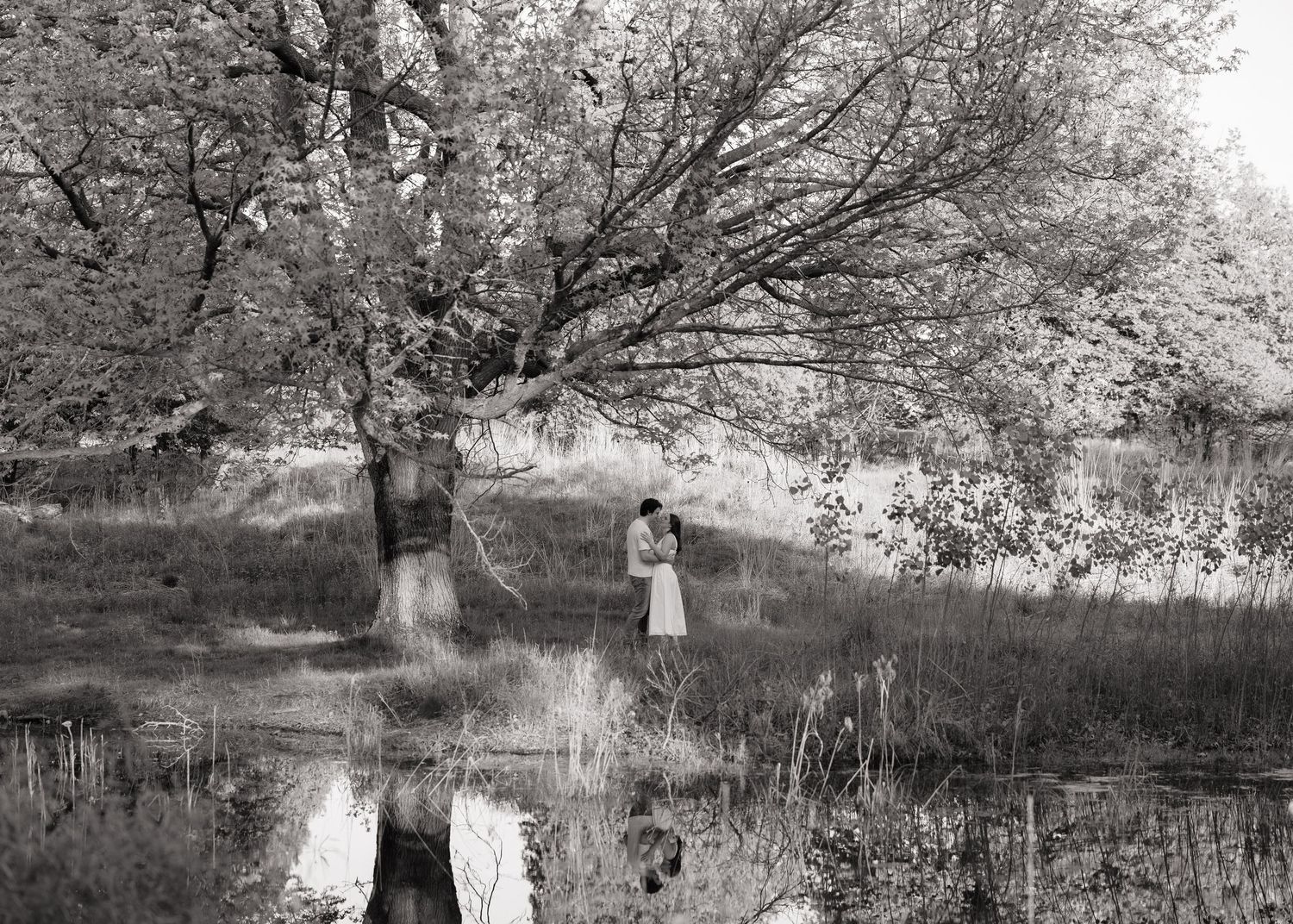 Black and white photo of a woman standing under a large tree by a reflective pond in nature.