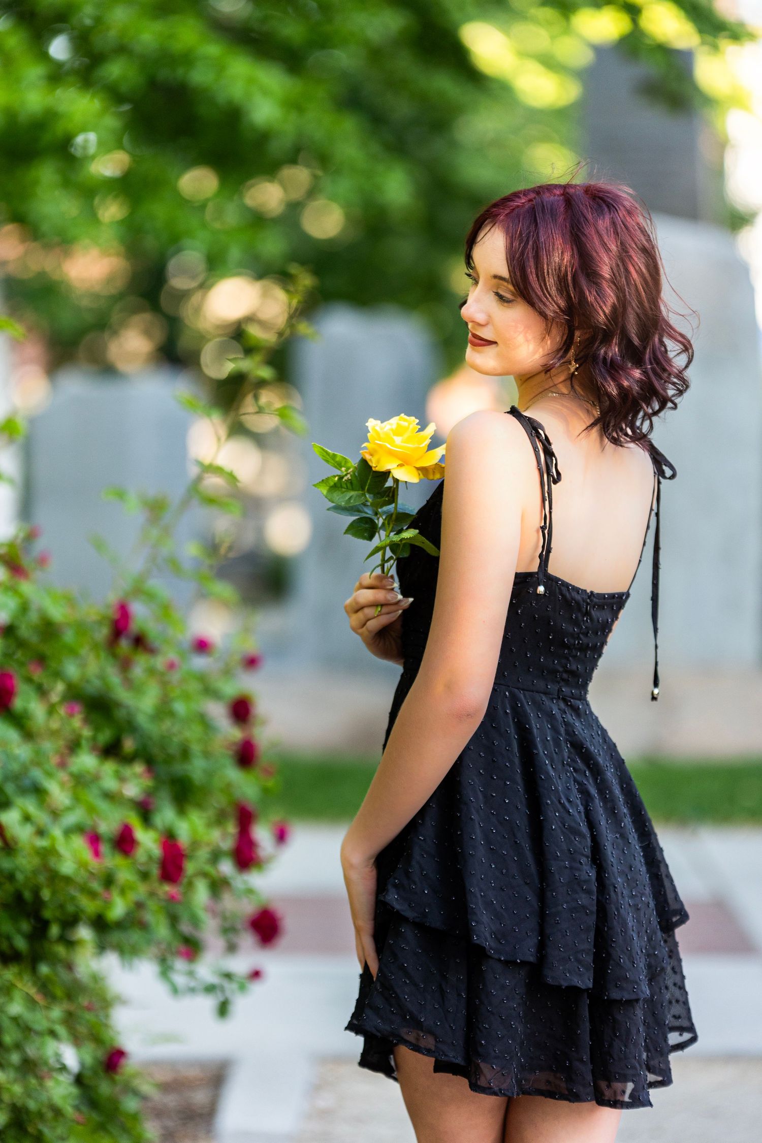 Young woman in black dress holds yellow rose while standing among garden flowers.