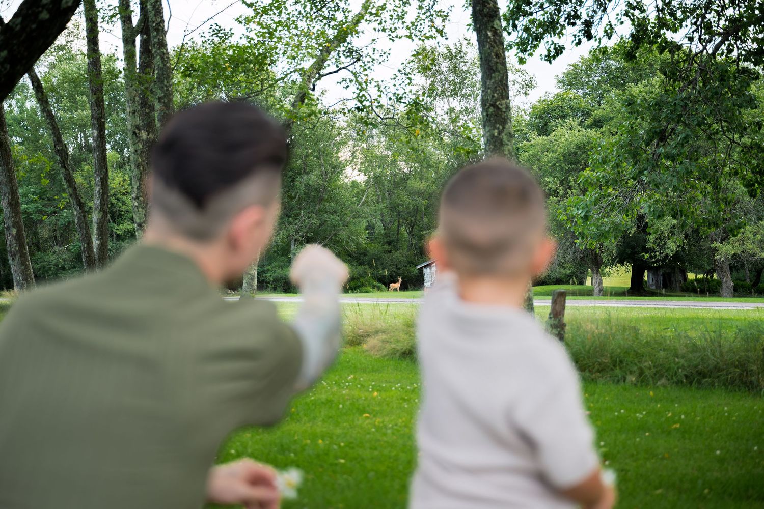 Father and son playing outdoors in a lush green park, throwing objects together on a sunny day.