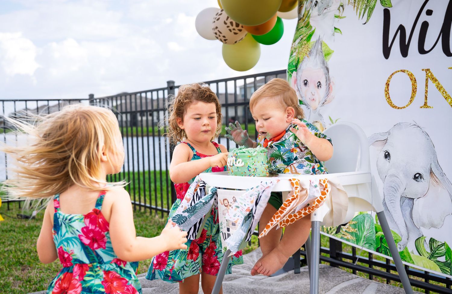 A collection of outdoor party scenes with balloons, floral dresses, and celebratory moments at a summer event.