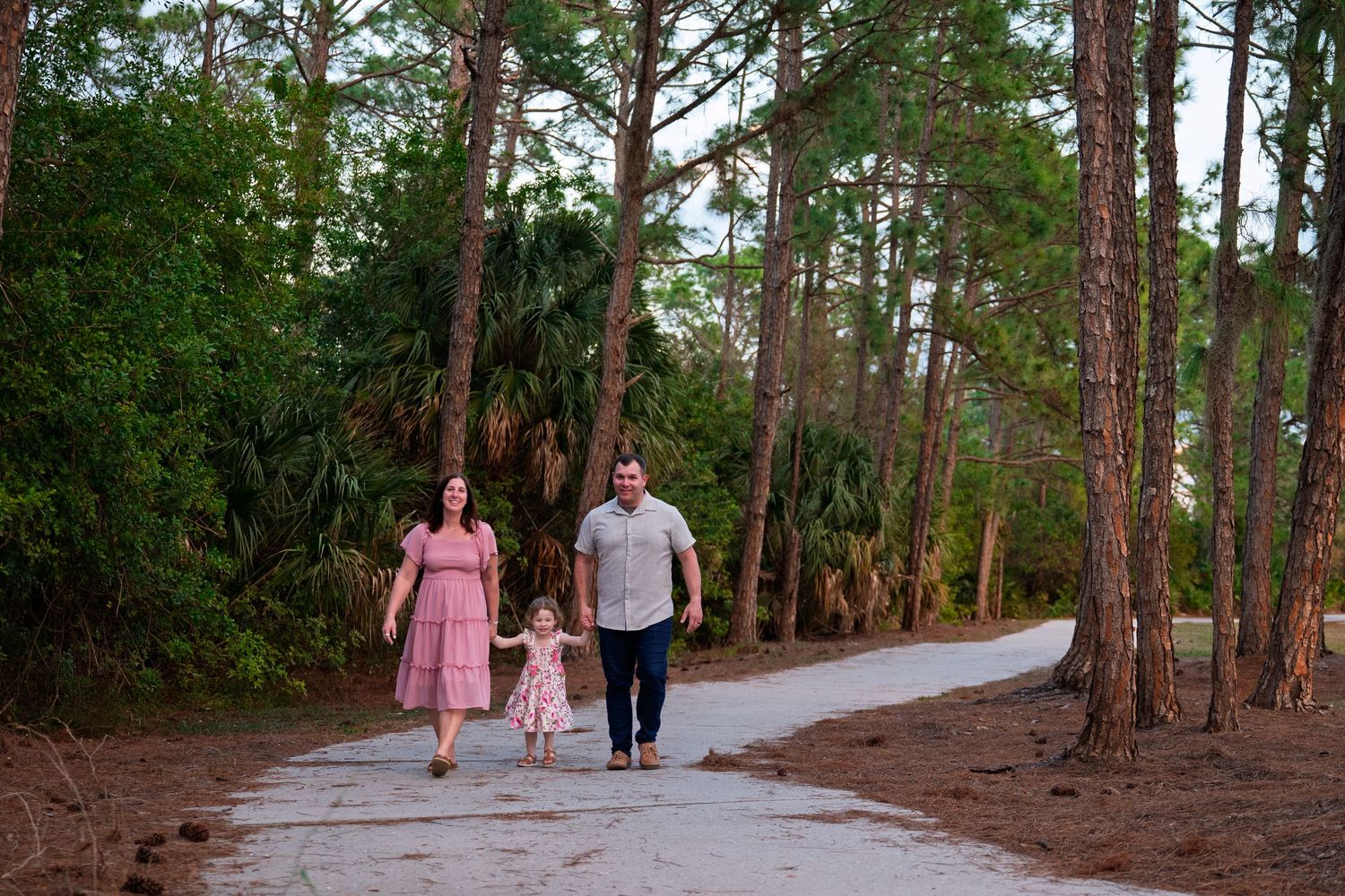 A family walking along a winding forest trail surrounded by tall pine trees on a sunny afternoon.