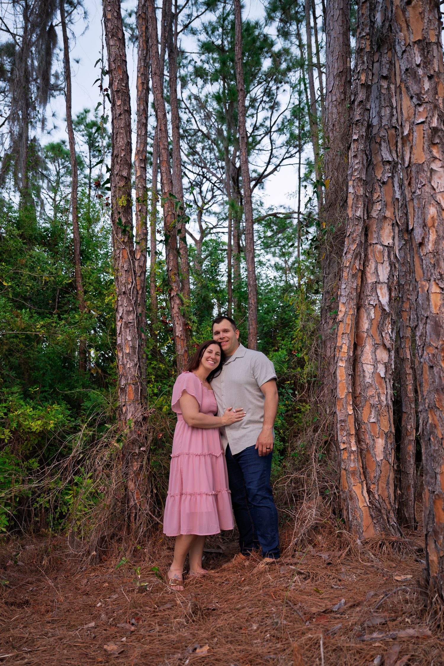 A couple shares a romantic moment among tall pine trees in a forest setting.