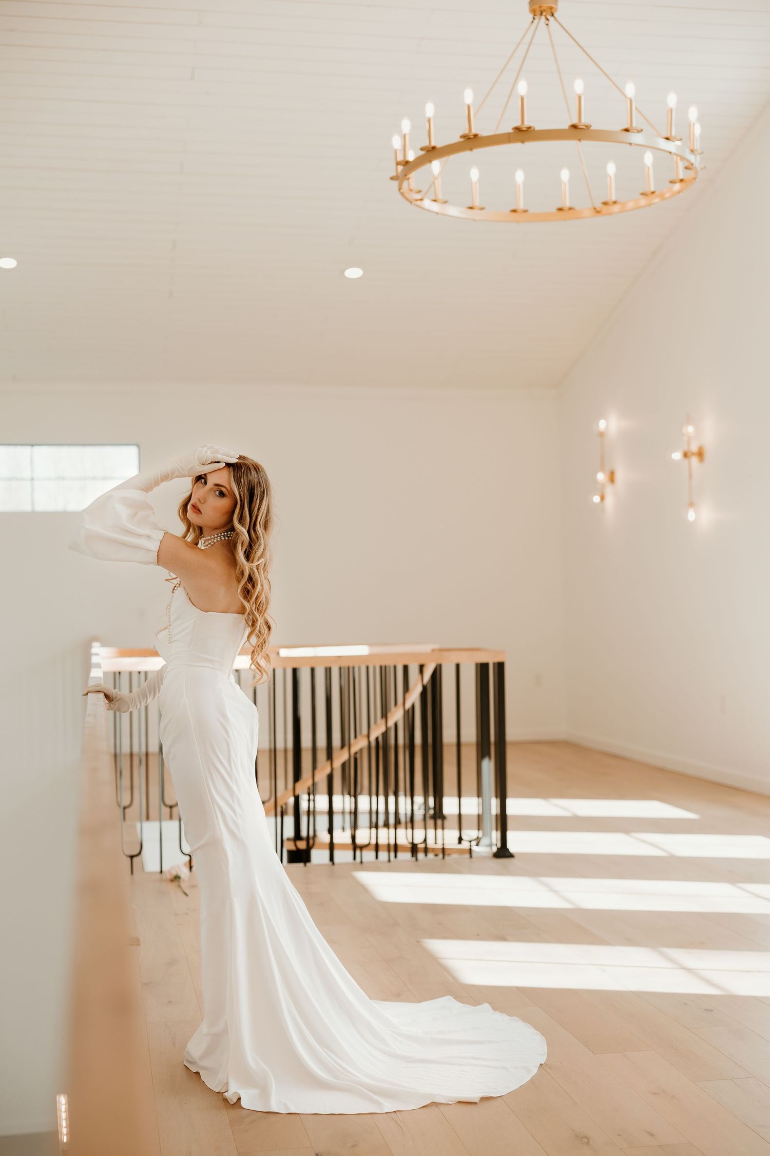 Elegant bridal portrait in a modern wedding venue, featuring a bride in a timeless gown with soft natural light in Tennessee.