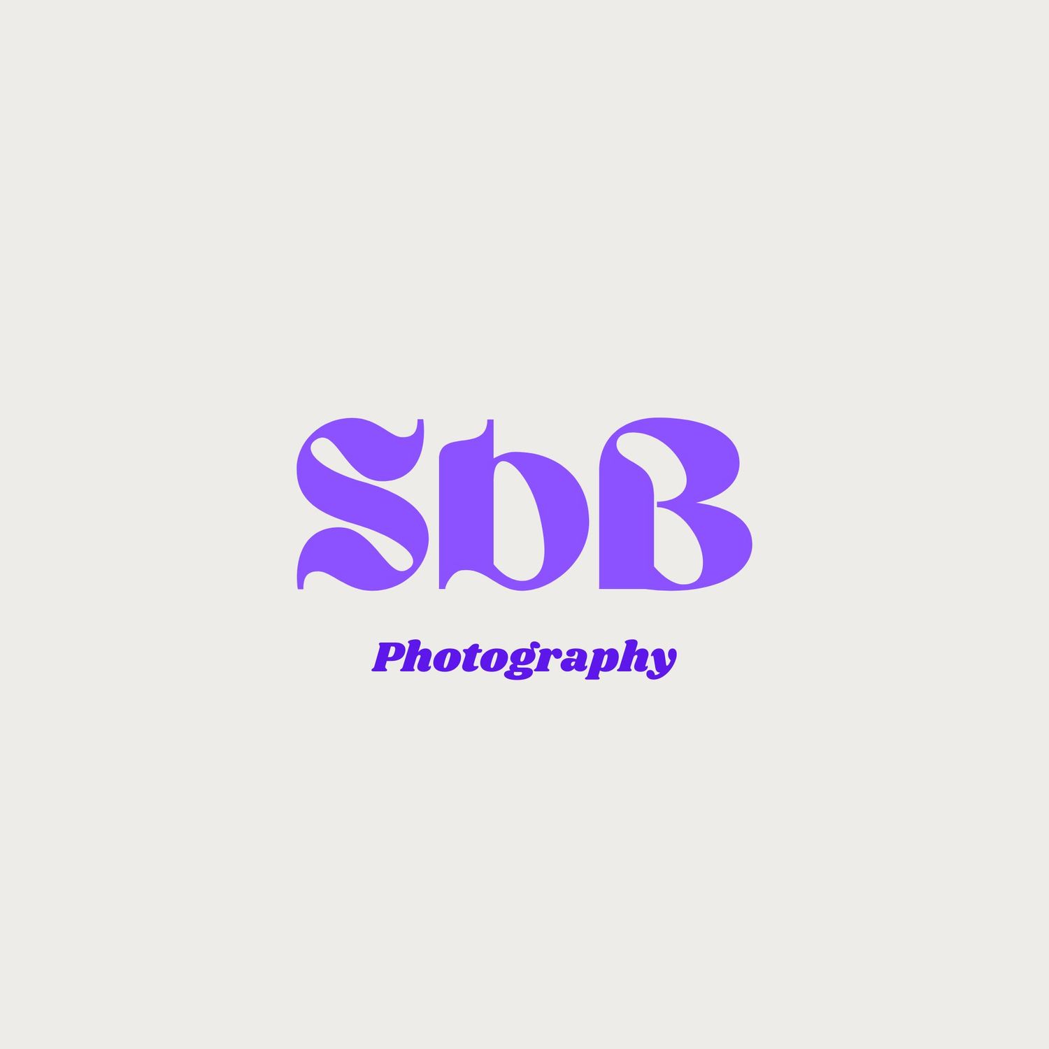 SbB Photography logo in purple bold serif font on a light gray background.
