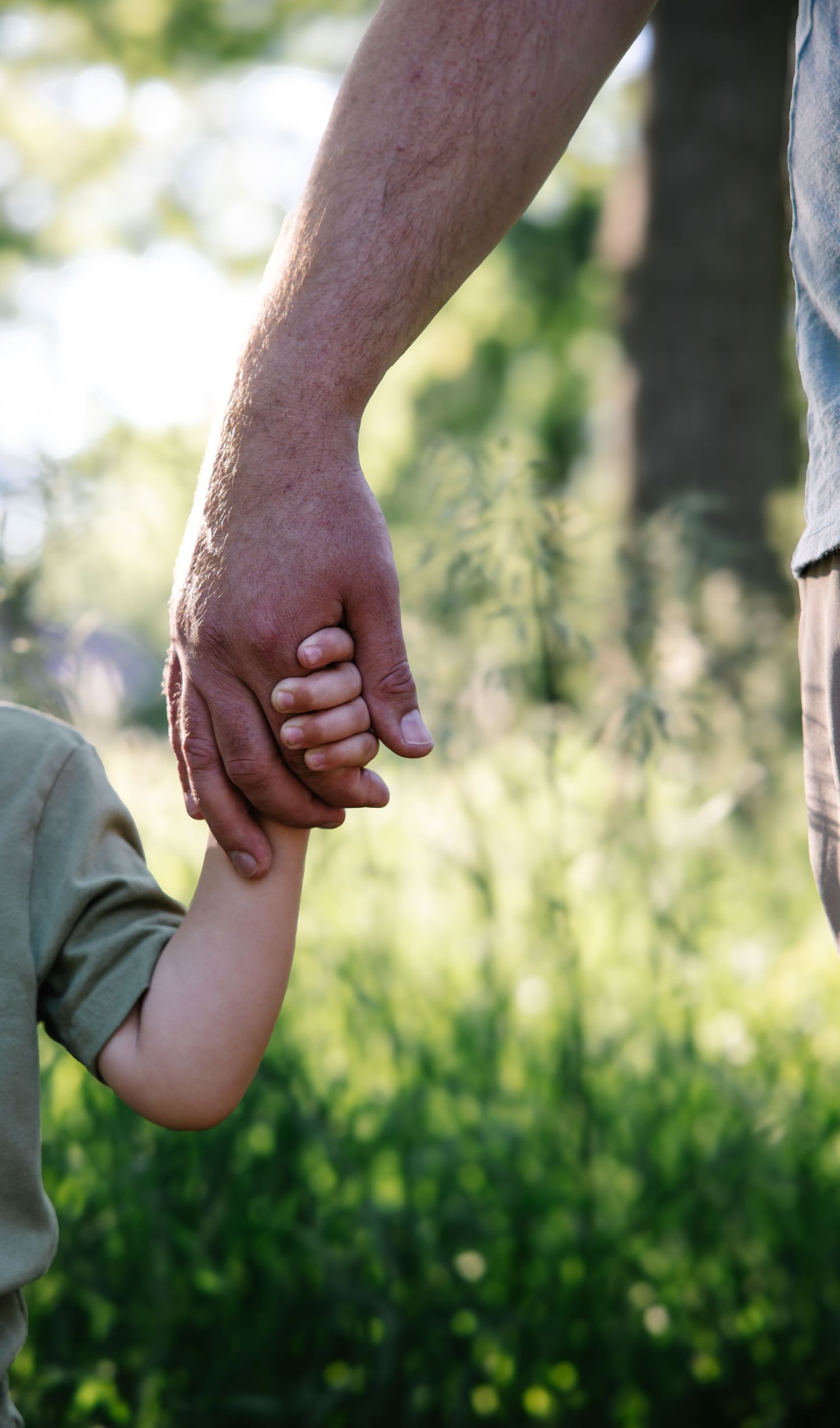 An adult hand gently holds a small child's hand outdoors in a lush green park, symbolizing parental love and guidance.