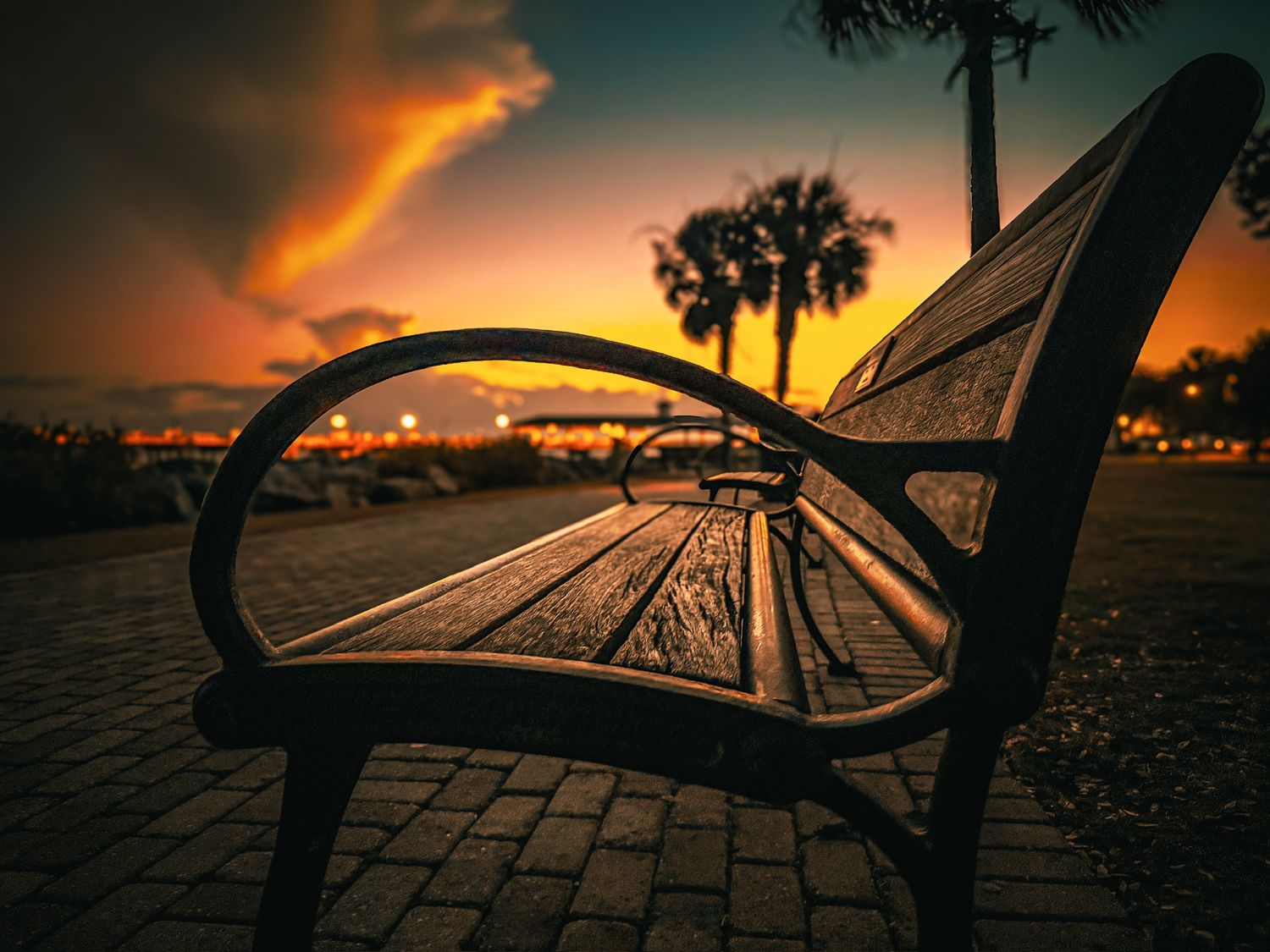 Close-up of a wooden park bench at sunset with palm trees and colorful sky in the background.