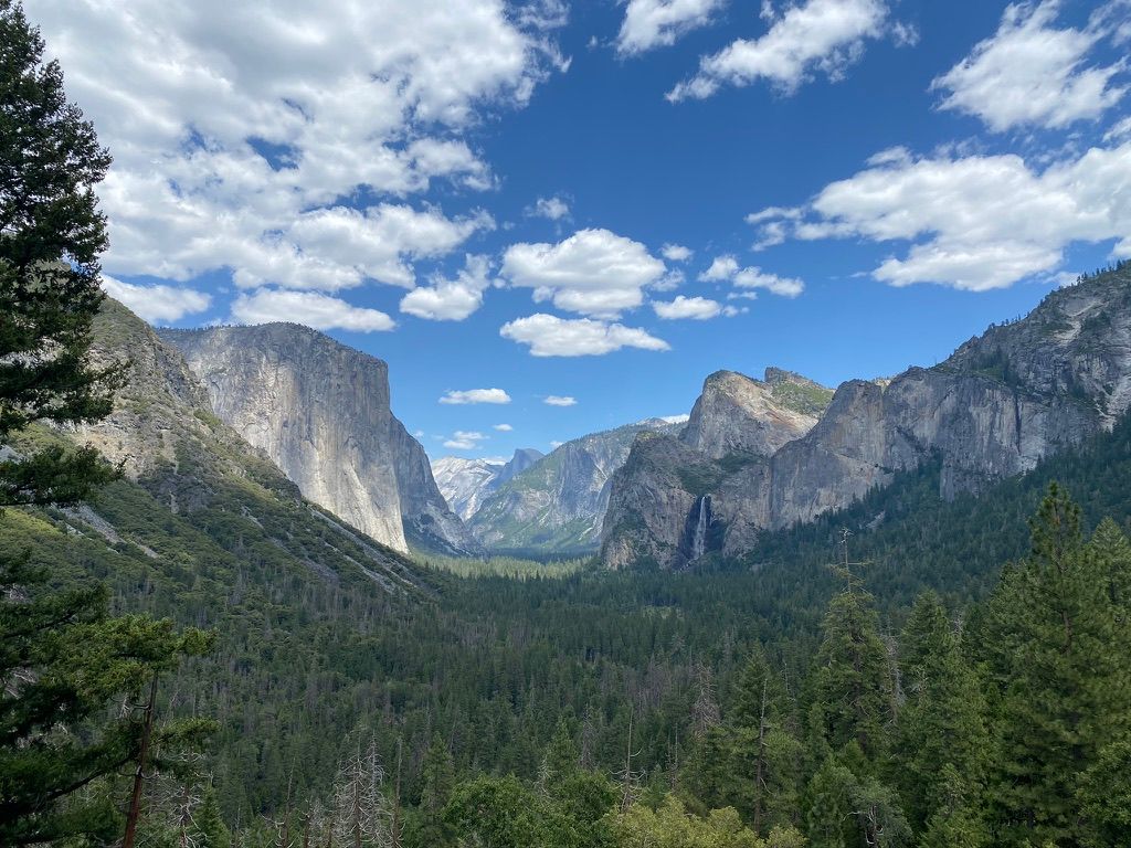 Panoramic view of Yosemite Valley with granite cliffs, waterfalls, and pine forests under blue sky.