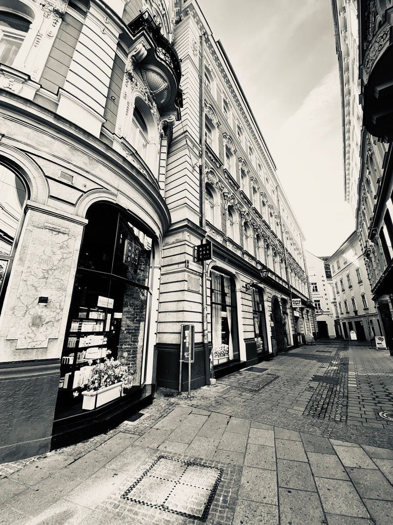 Black and white wide-angle view of a historic European street with ornate building facades.