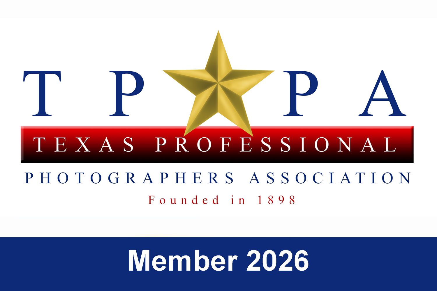 Texas Professional Photographers Association Member 2026 badge with gold star and blue and red design.