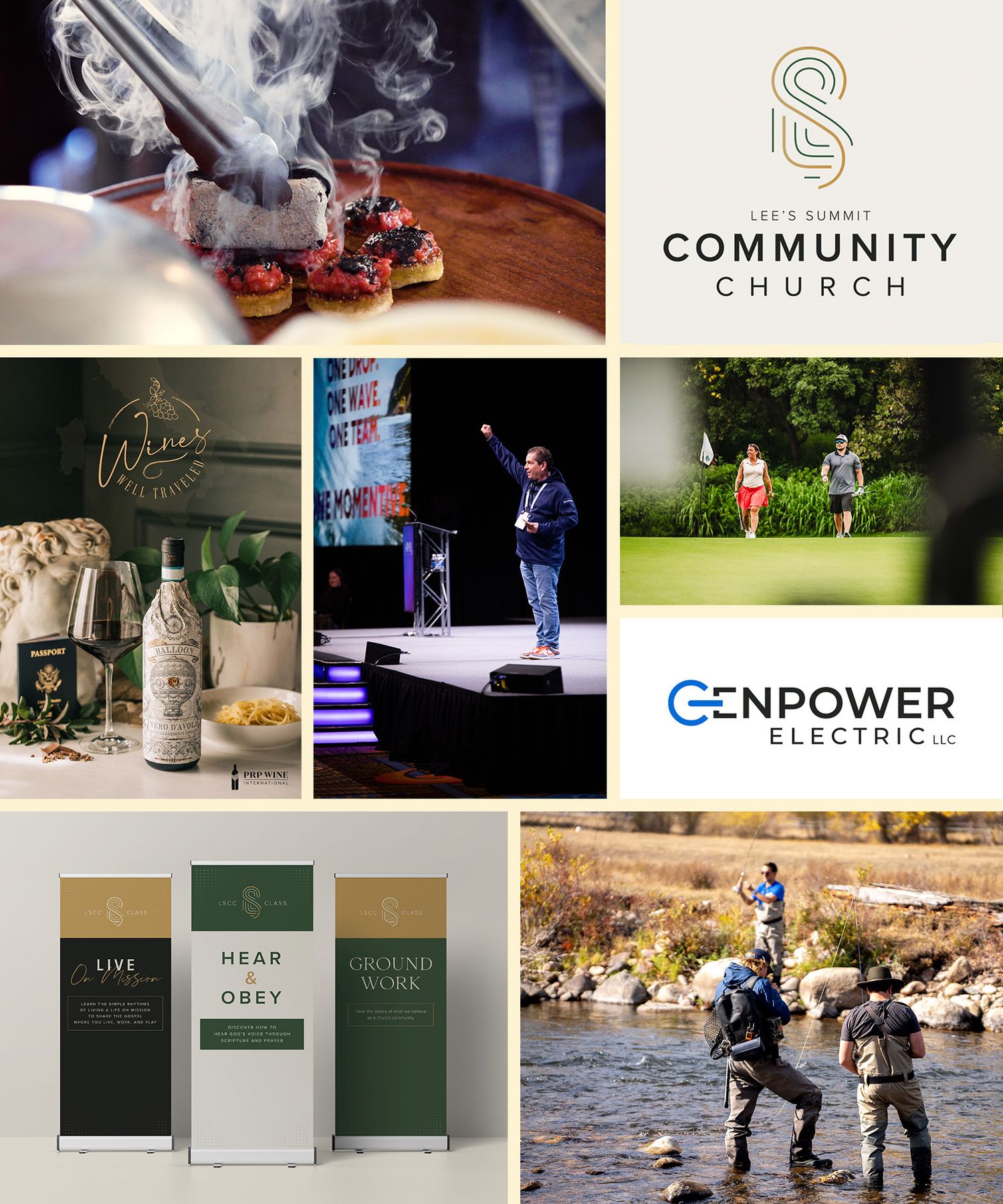 Hero image on Fantasma Imagery's homepage showing a variety of works including logo design, photos of events, product photography & banners