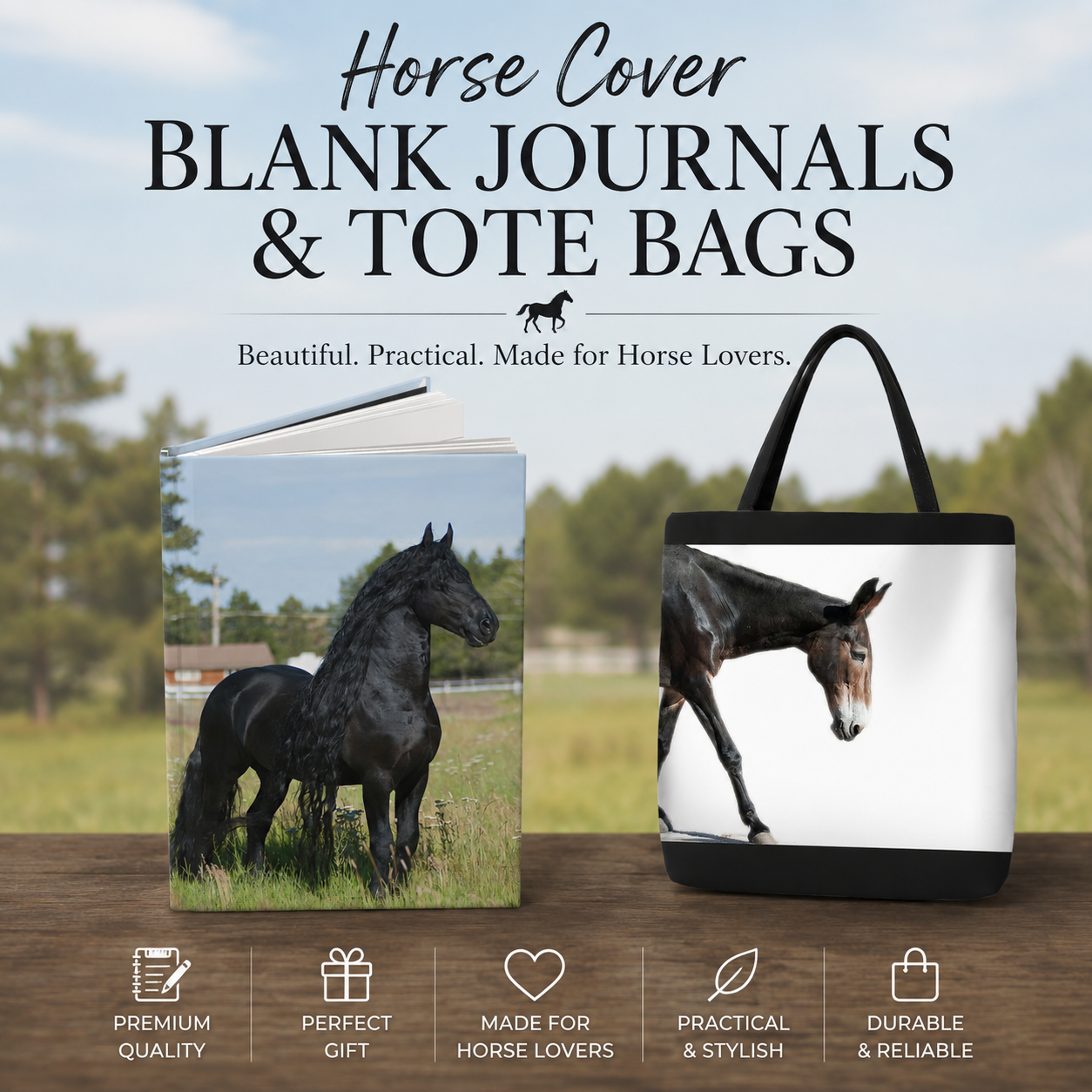 Horse cover blank journals and tote bags featuring black horses, perfect gifts for horse lovers, durable and stylish.