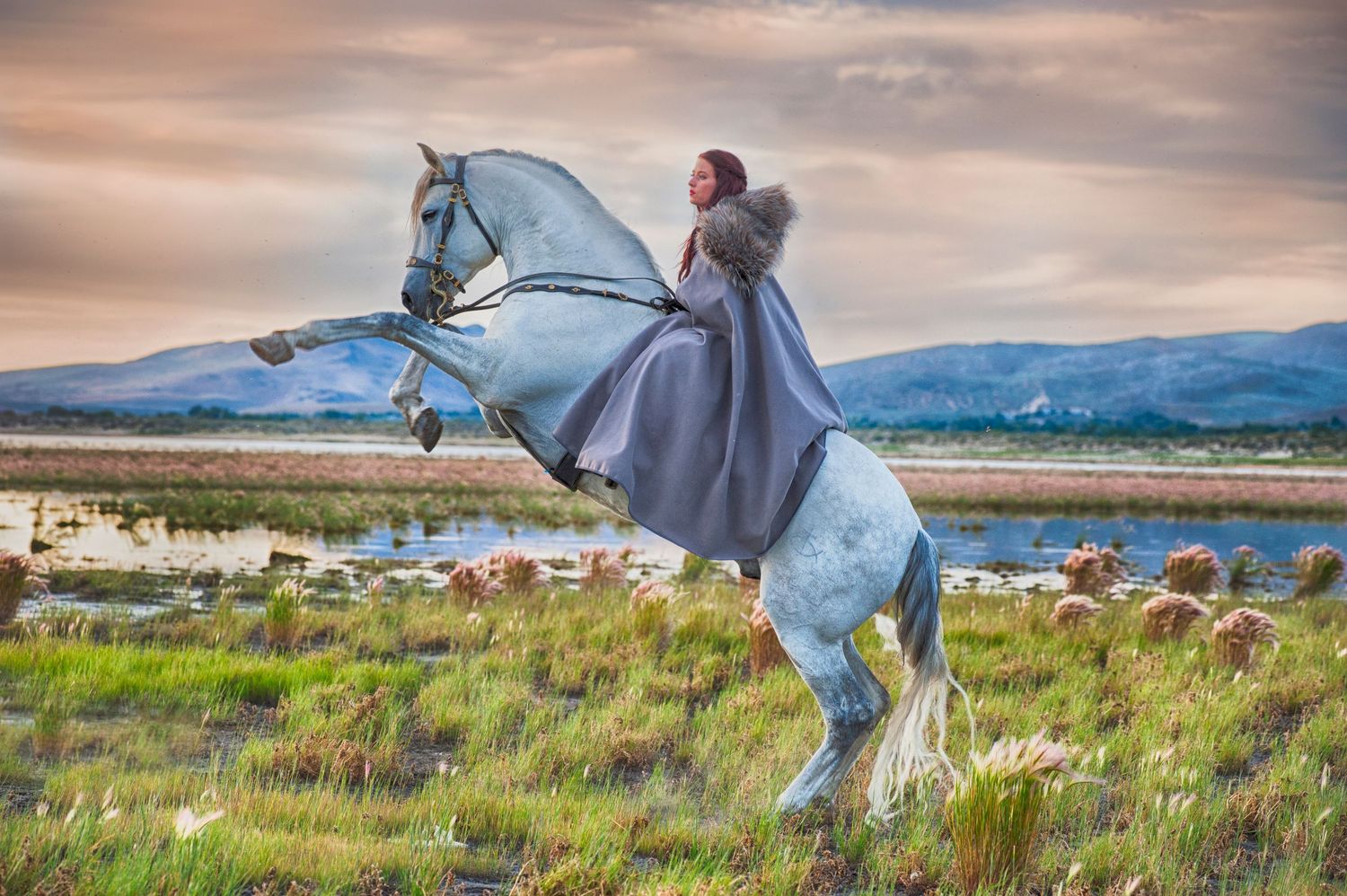 Woman in gray cloak riding a rearing white horse in a scenic wetland landscape at sunset.