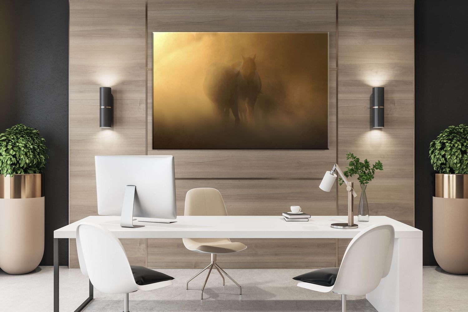 A modern home office with a white desk, computer, and a large golden horse painting on a wood-paneled wall with wall sconces.