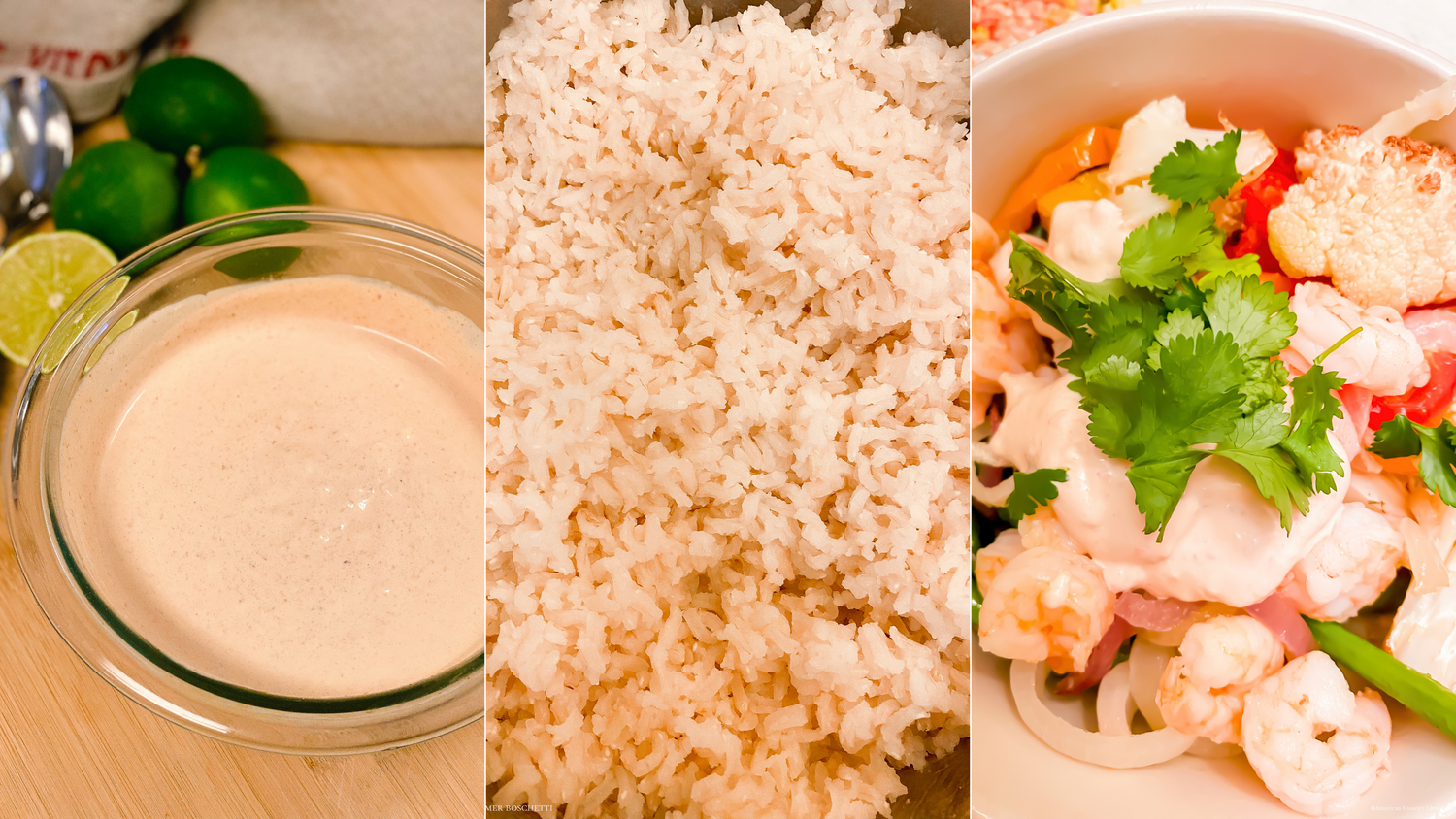 Fresh ingredients and sauce arranged in bowls for meal preparation.