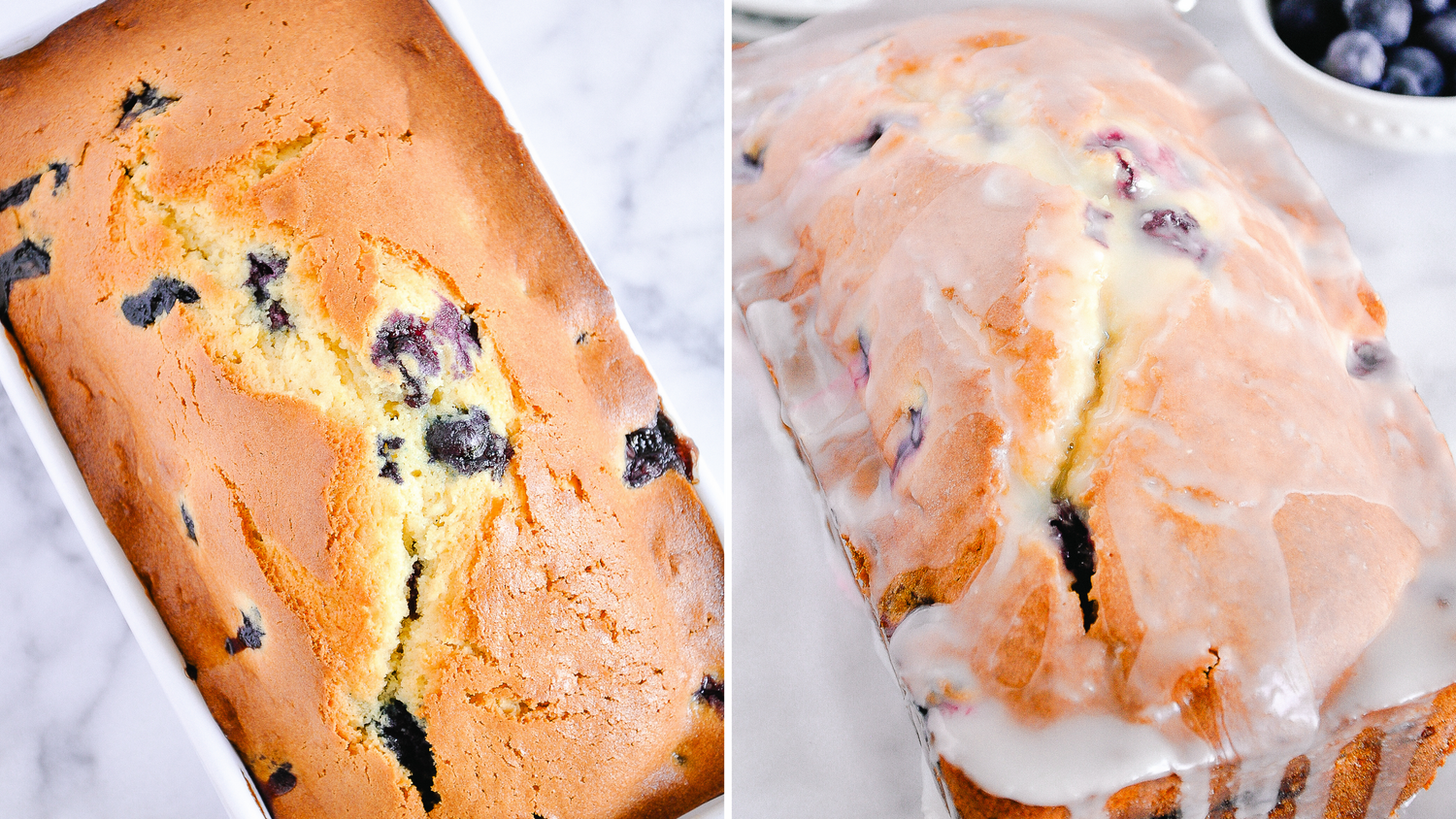 Fresh glazed lemon blueberry bread slices arranged in a row.