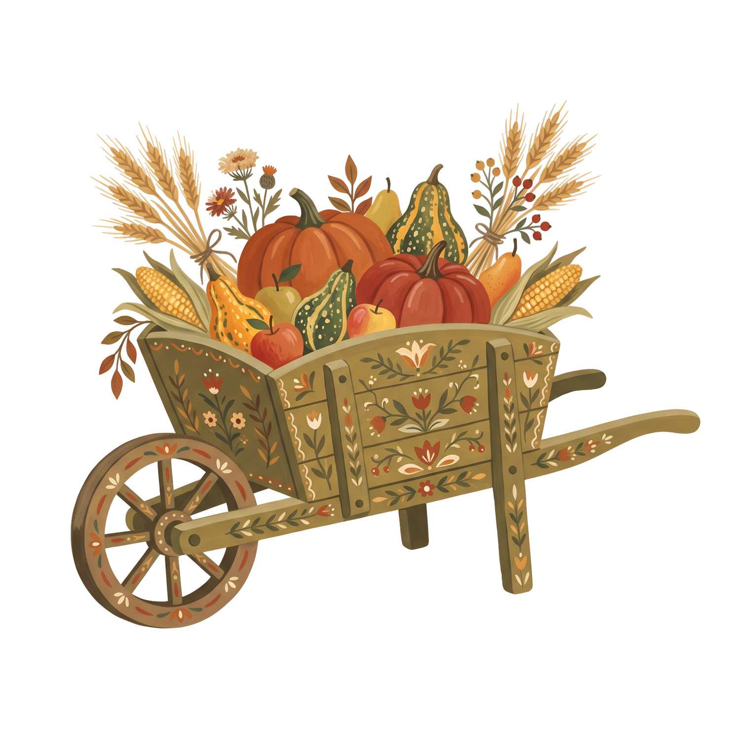 Vintage folk art wheelbarrow with painted floral designs, filled with autumn pumpkins, gourds, corn, wheat stalks and fall leaves.