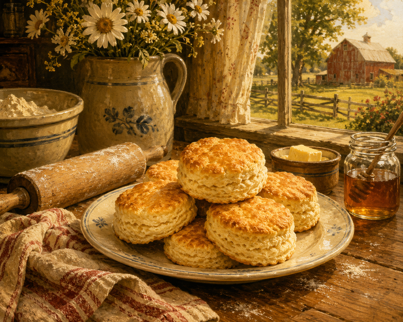 Rustic homemade biscuits on a vintage plate with butter and honey, beside a rolling pin and daisies near a farmhouse window.