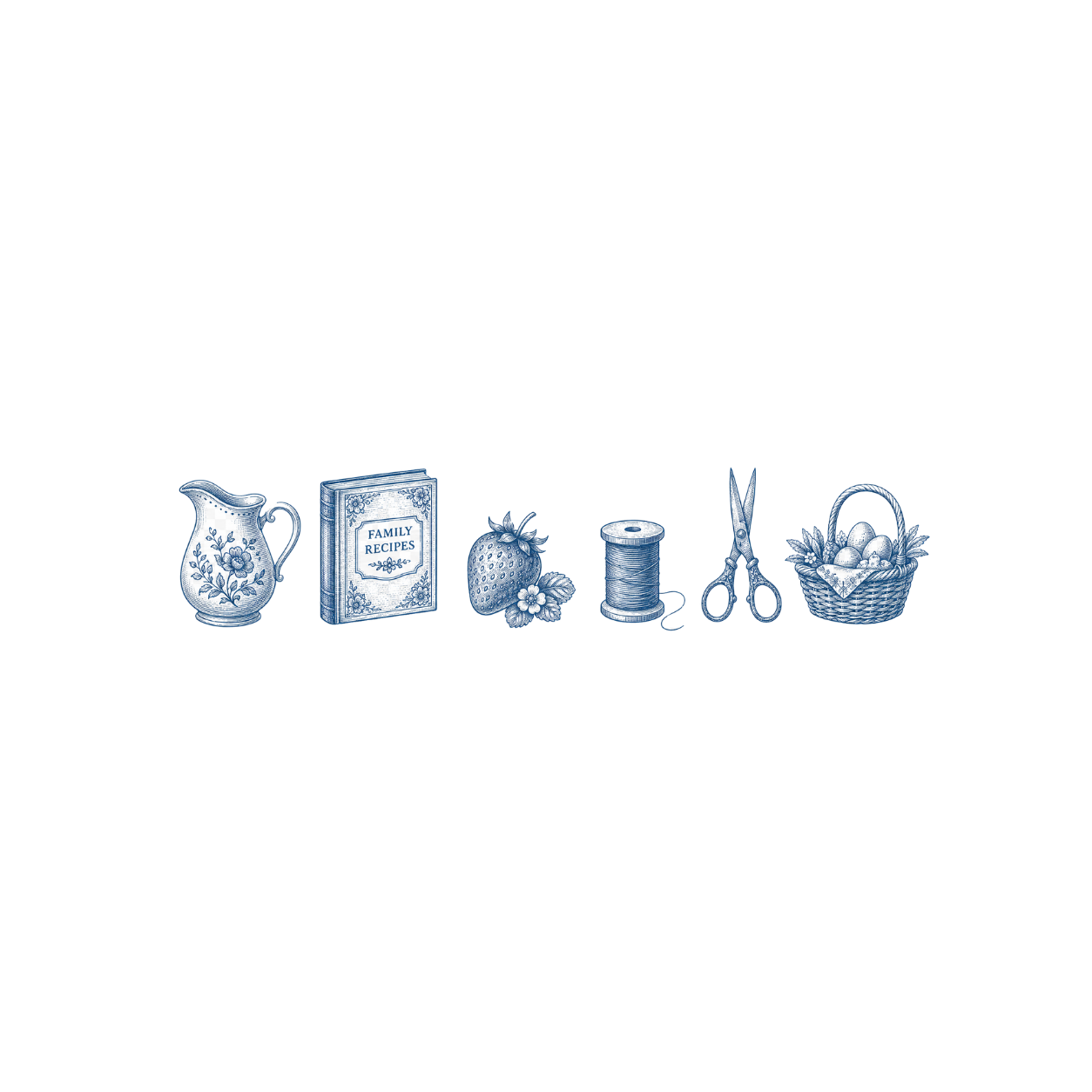 Blue illustration of vintage sewing and kitchen items including a pitcher, recipe book, strawberry, thread spool, scissors, and basket.