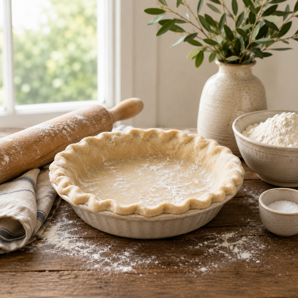 Unbaked pie crust in ceramic dish on flour-dusted wooden table with rolling pin, flour bowl, and vase of greenery.