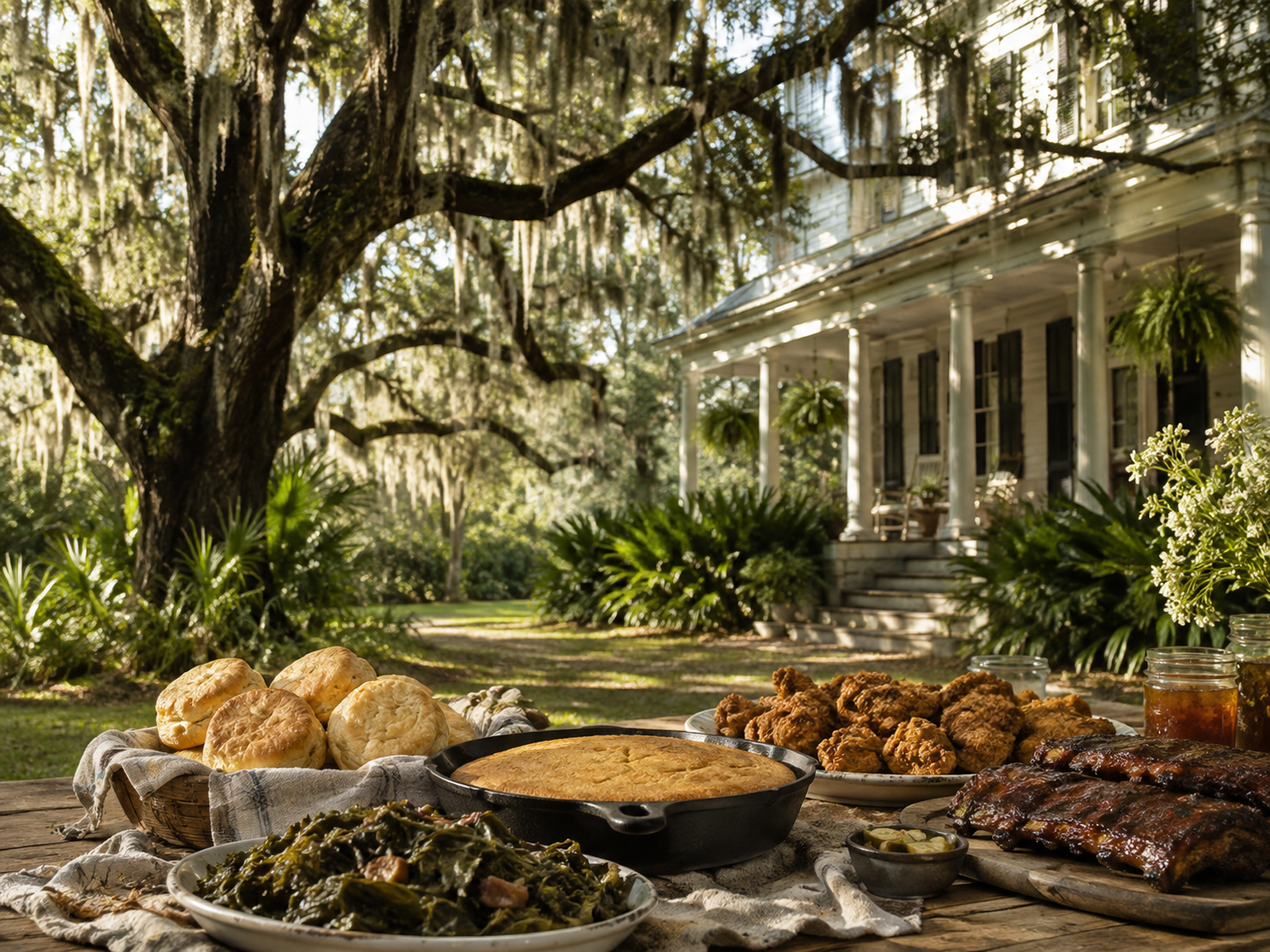 Southern spread of cornbread, greens, and BBQ on outdoor table before grand antebellum home with Spanish moss.
