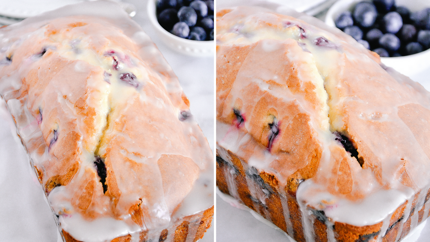 Homemade glazed lemon blueberry bread loaf sliced and displayed.