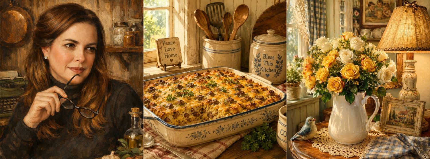 Woman in rustic kitchen with cheesy casserole dish, beside a vase of yellow roses on a wooden table.