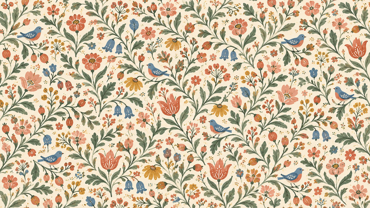 Vintage floral pattern with colorful flowers, birds, and green vines on a cream background in folk art style.