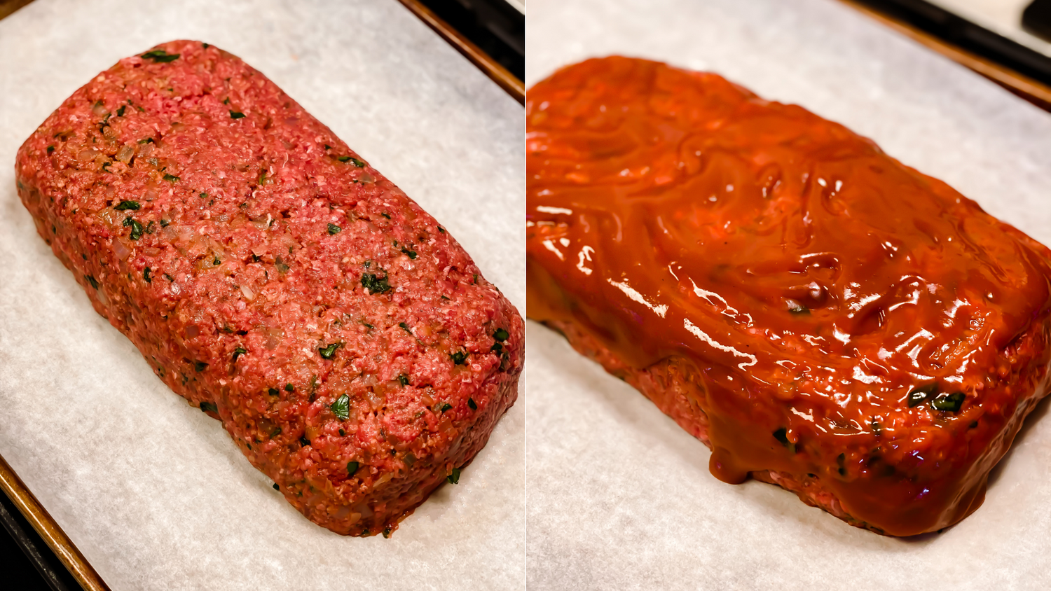 Progression of shaping and glazing raw meatloaf on parchment paper.