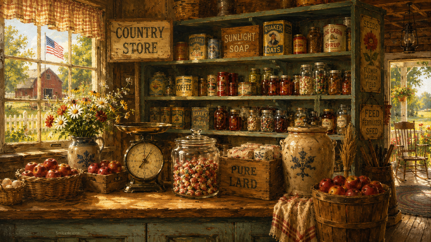 A charming country store counter displaying jars, fresh apples, a vintage scale, and rustic decor in warm golden light.