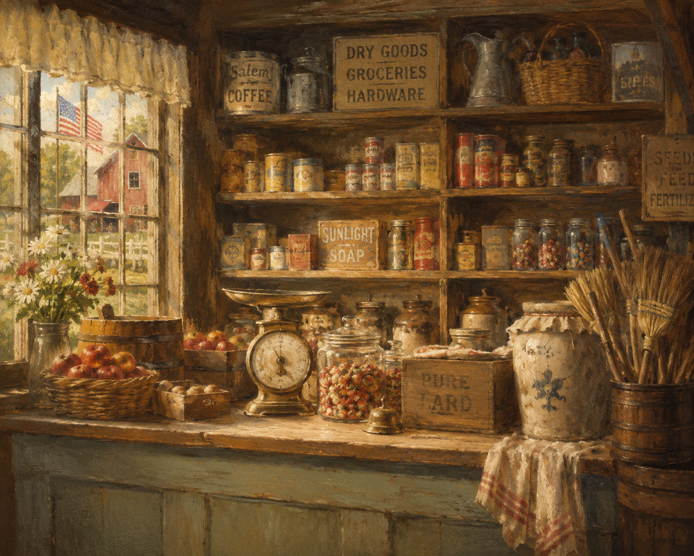 An old-fashioned general store interior with shelves of canned goods, a vintage scale, and dry goods in warm tones.