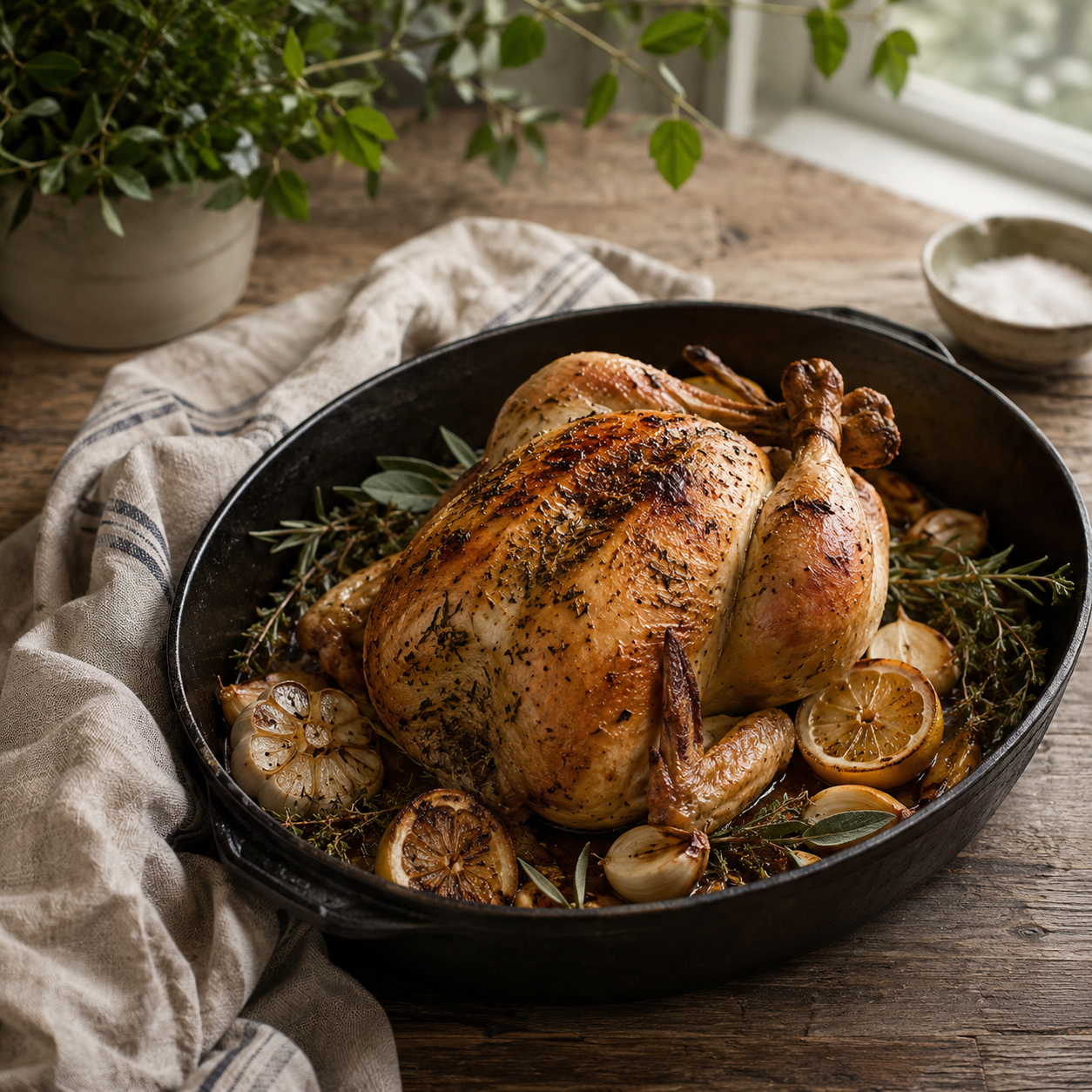Golden roasted whole chicken in cast iron pan with herbs, lemon, and garlic on rustic wooden table.