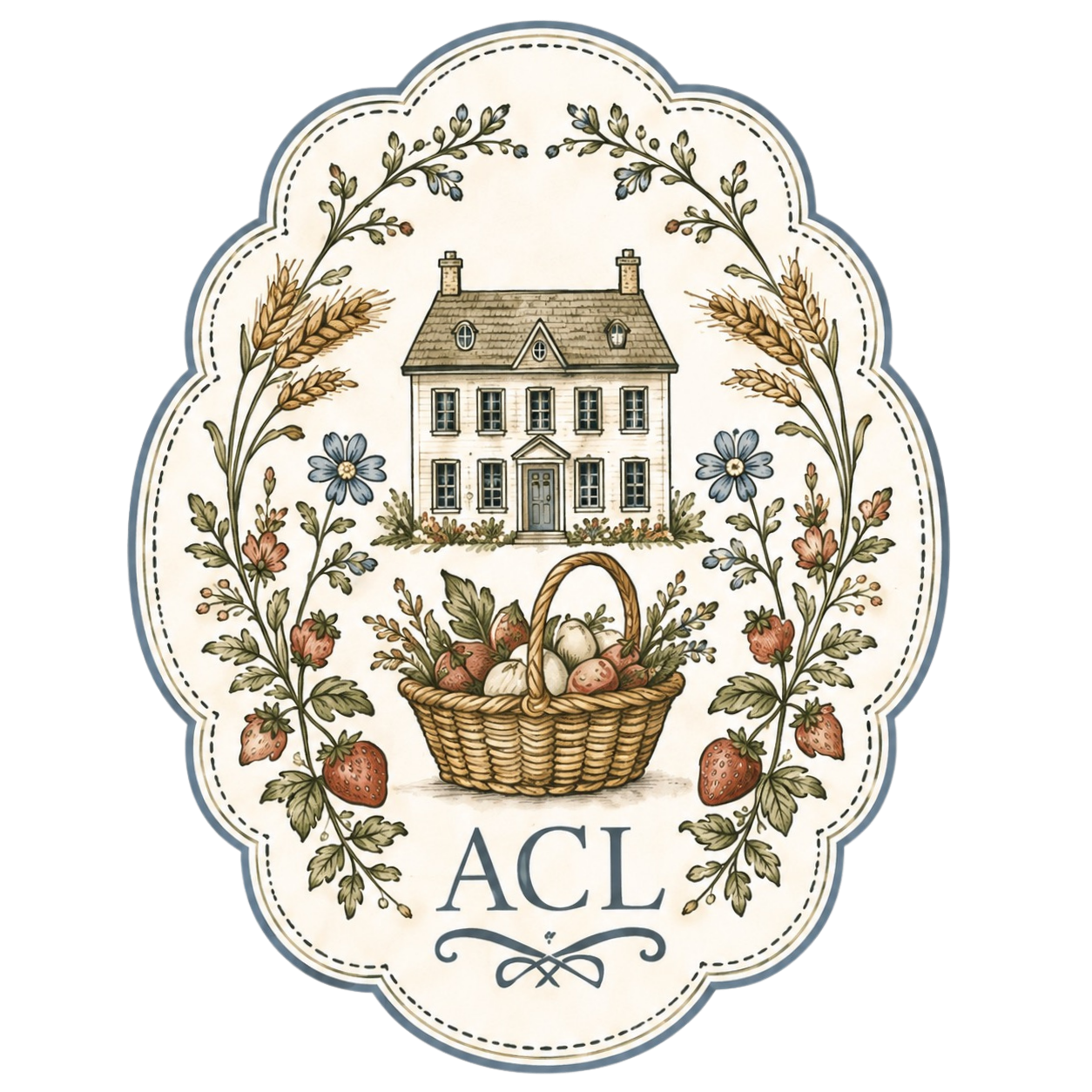Vintage cottage illustration with floral border, fruit basket, wheat stalks, and ACL monogram in folk art style.
