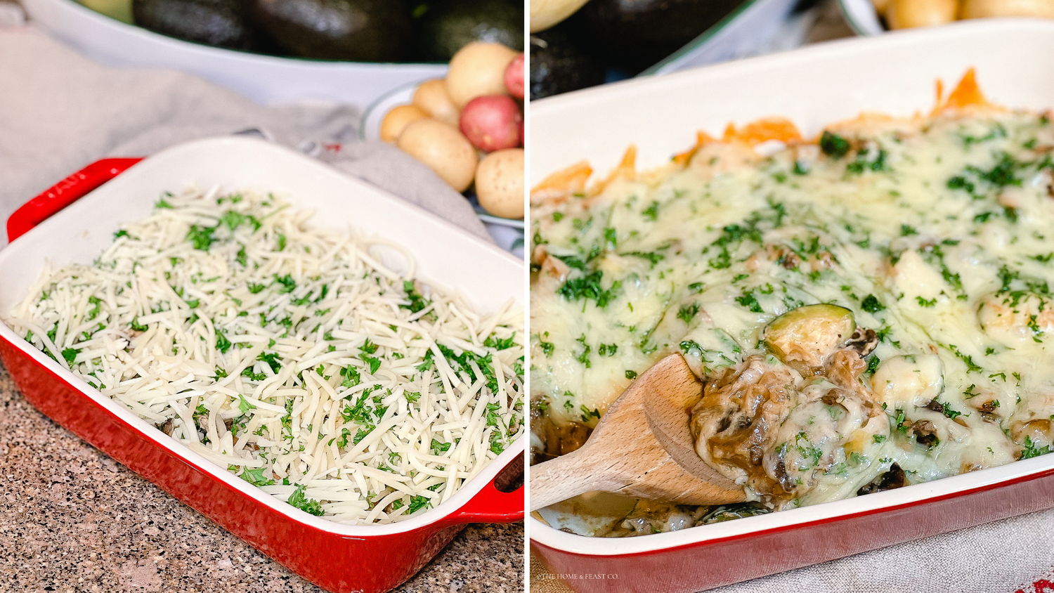 Step by step preparation of creamy chicken casserole with cheese and herbs.