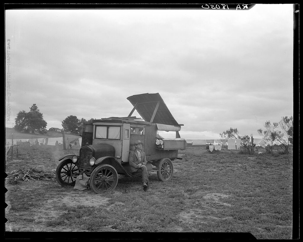 Black and white photos show abandoned farmhouses and buildings in a barren, dusty landscape during the Dust Bowl era.