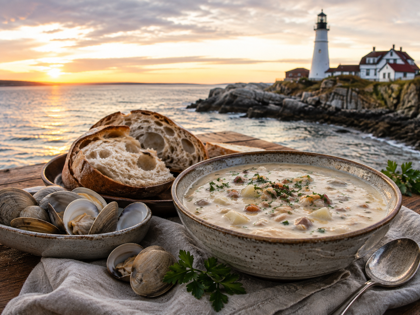 Creamy New England clam chowder in a rustic bowl with crusty bread, fresh clams, and a lighthouse at sunset backdrop.