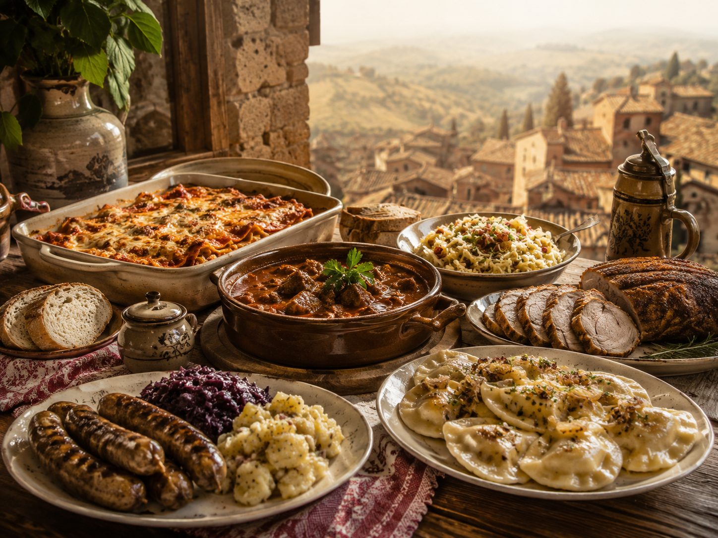 Traditional European feast with pierogi, sausages, lasagna, and roasted meats on rustic table overlooking Tuscan hillside village.