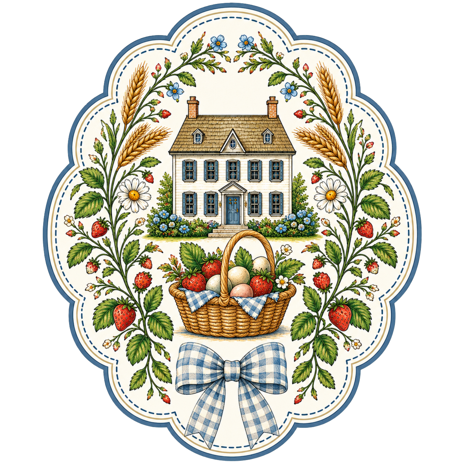 Oval folk art embroidery design featuring a country house, fruit basket with bow, strawberries, wheat, and daisies in blue and green.