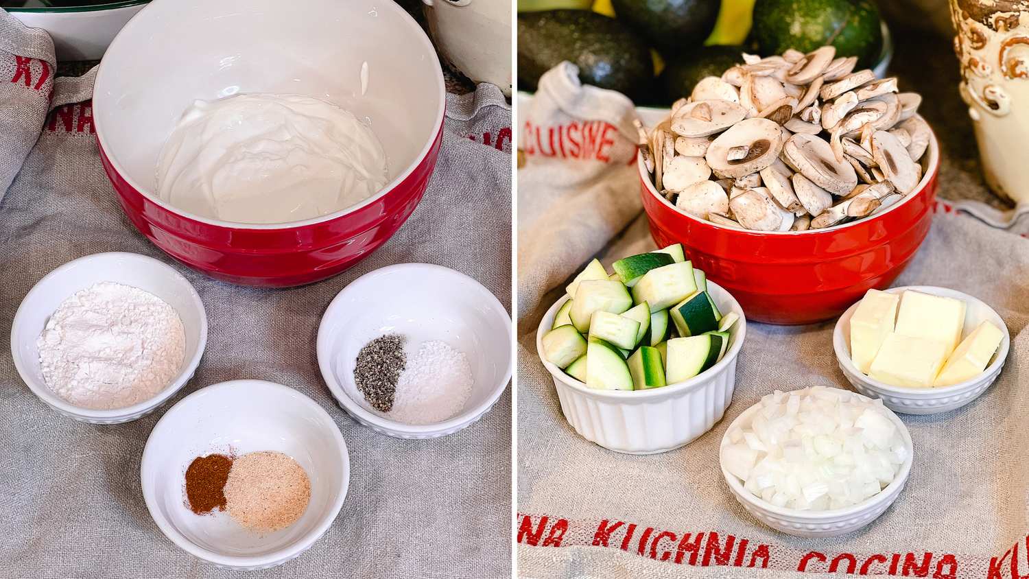 Kitchen prep bowls filled with ingredients for making a creamy chicken dish.