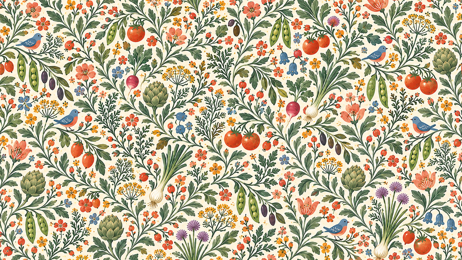 Colorful floral pattern with birds, artichokes, tomatoes, and wildflowers on a cream background.