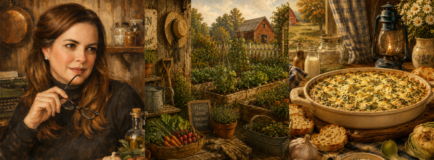 A woman in a rustic kitchen with fresh vegetables, a garden view, and a hearty grain dish in a ceramic bowl.