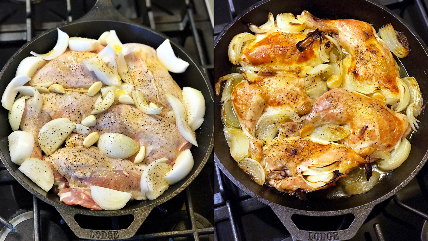 Sequence showing chicken and onions cooking from raw to beautifully browned in cast iron.