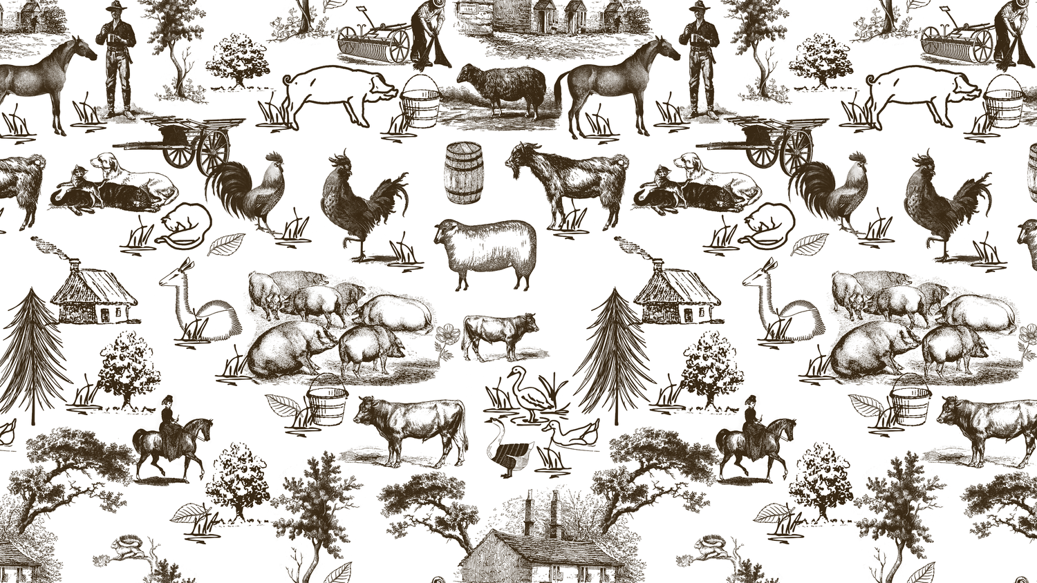 Brown and white toile fabric pattern featuring farm animals, horses, roosters, sheep, and pastoral countryside scenes.