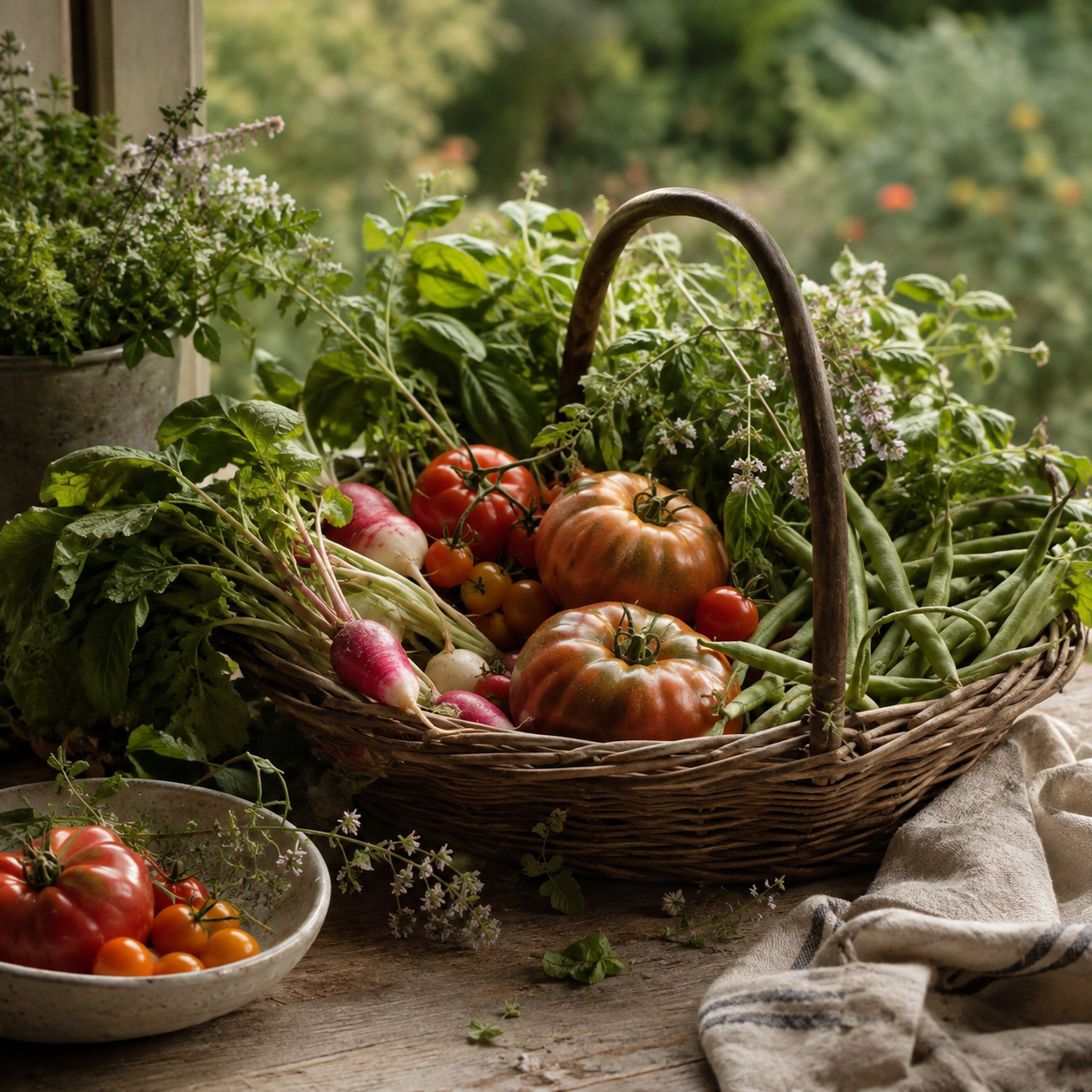 Rustic wicker basket overflowing with fresh heirloom tomatoes, radishes, green beans, and herbs on a wooden table.