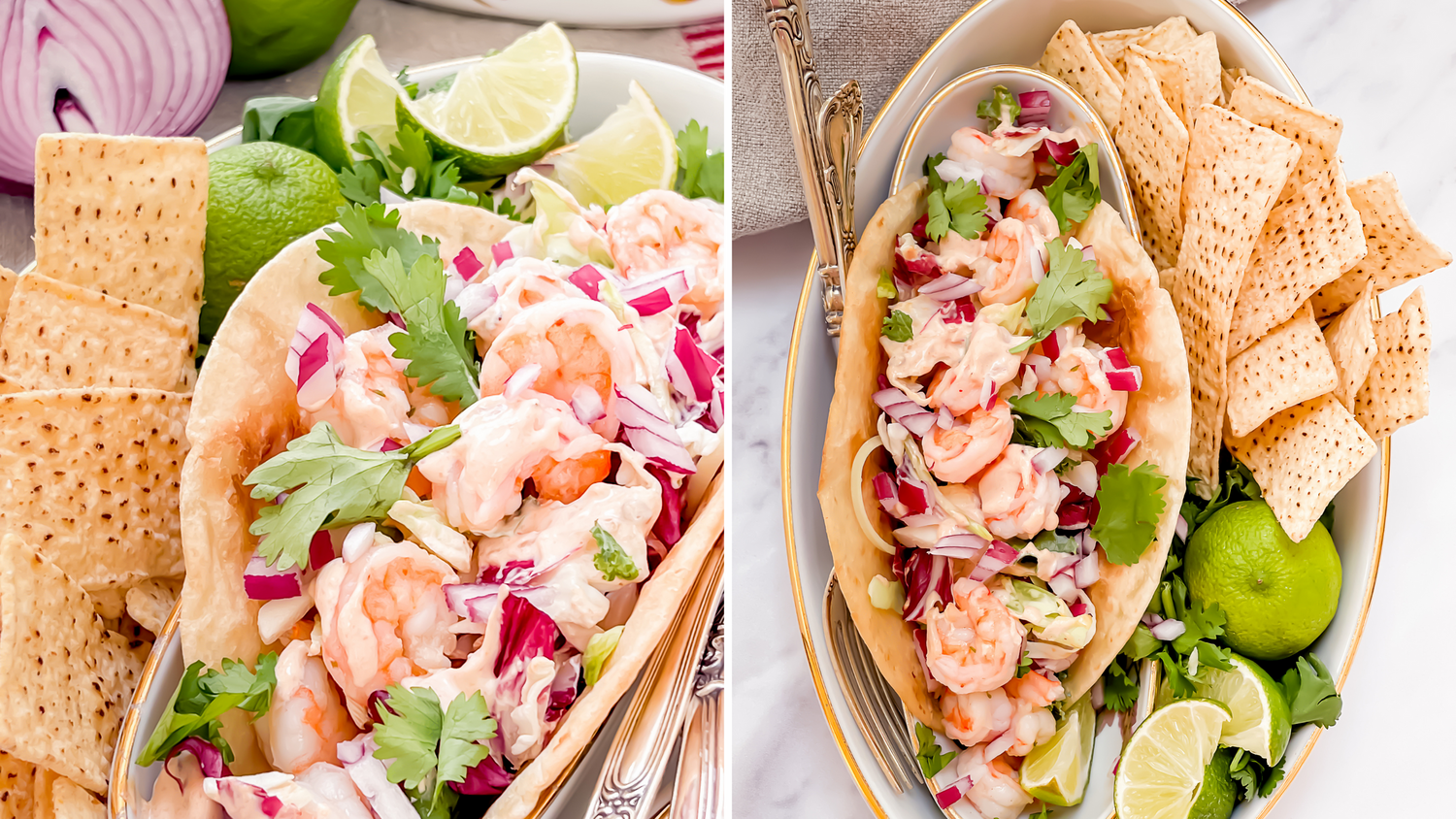 Shrimp tacos with crunchy slaw and lime wedges shown from two different angles.