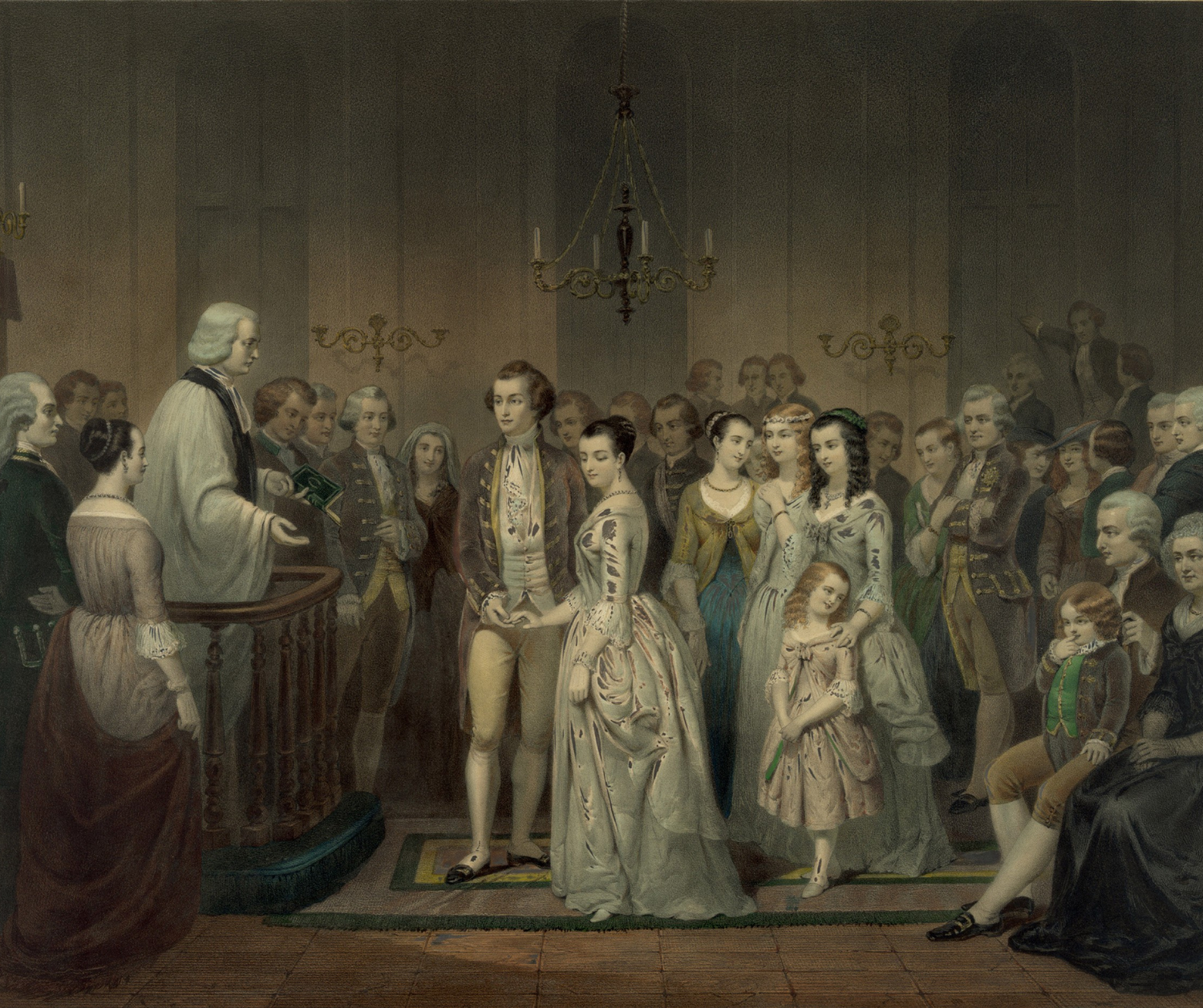 Historic painting depicting a colonial-era wedding ceremony with elegantly dressed guests in a formal hall.