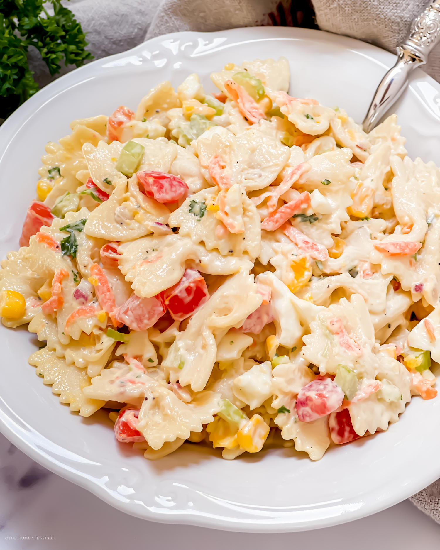 Chilled pasta salad with mixed vegetables in a creamy sauce served on white dinnerware.
