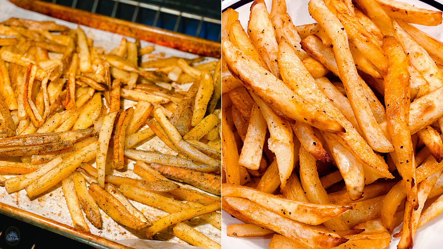 Side-by-side comparison of french fries before and after baking.