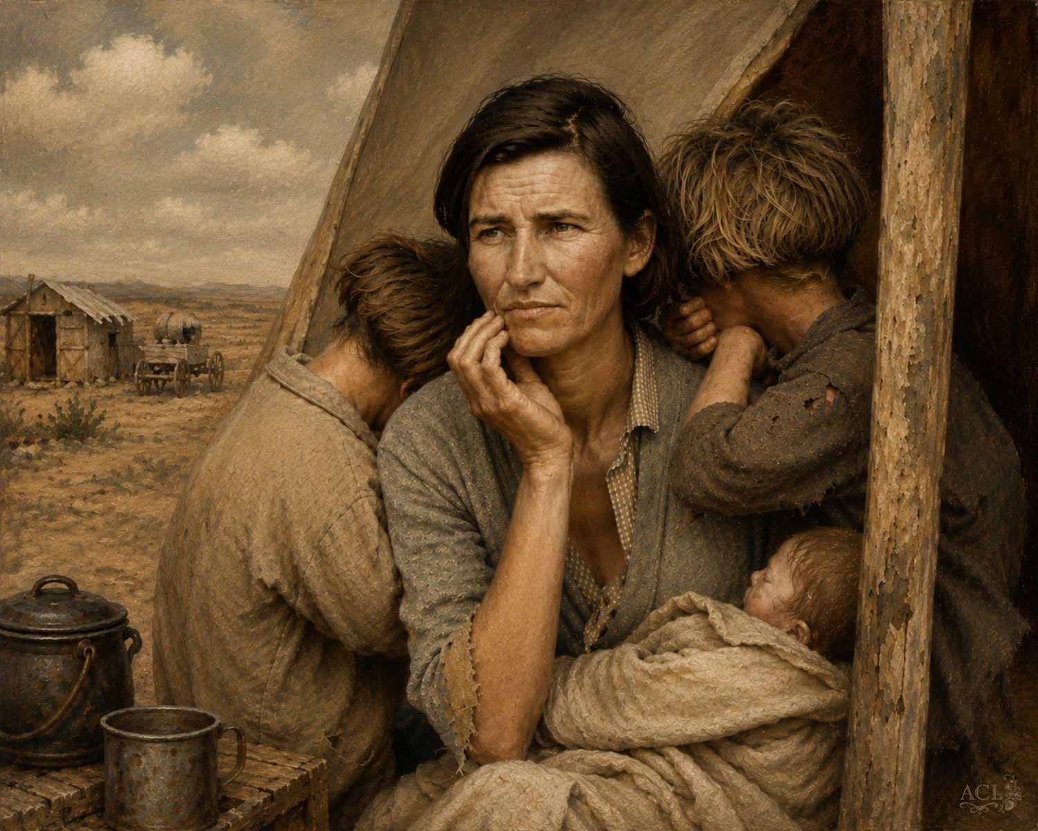 A weathered Depression-era mother with children leaning on her shoulders, evoking Dorothea Lange's iconic Migrant Mother photograph.