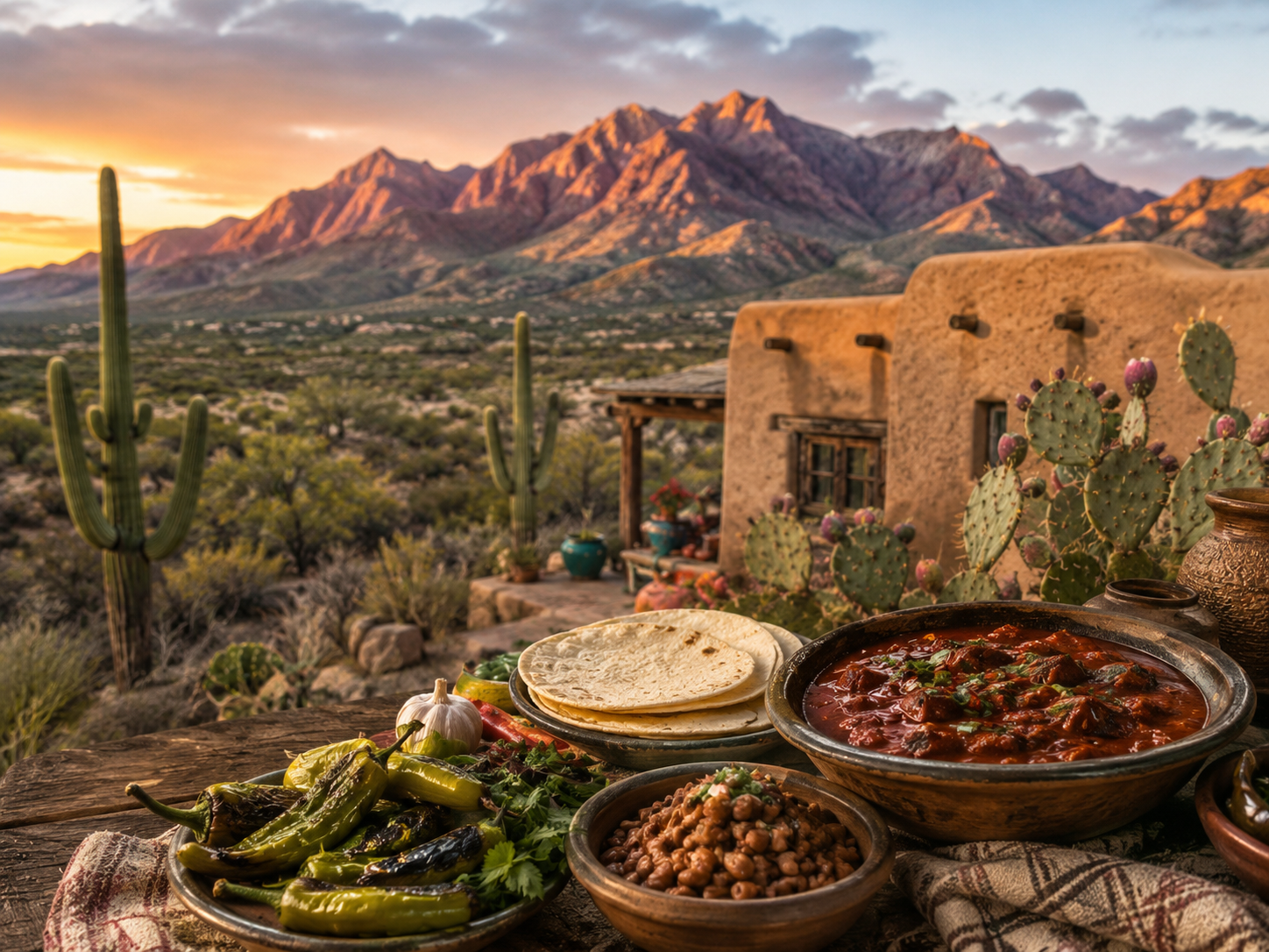 Southwestern feast with roasted chiles, beans, and flatbread set against a stunning Sonoran Desert mountain sunset.