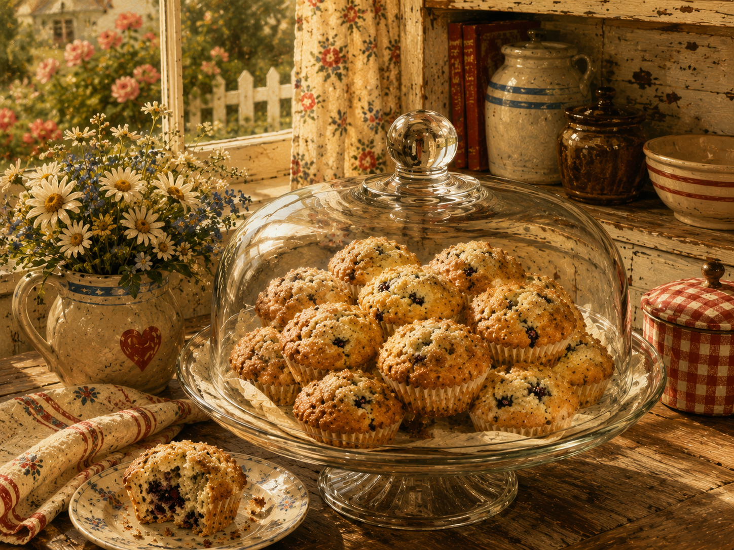 Glass cake stand filled with blueberry muffins on rustic wooden table with daisies and vintage kitchen decor.